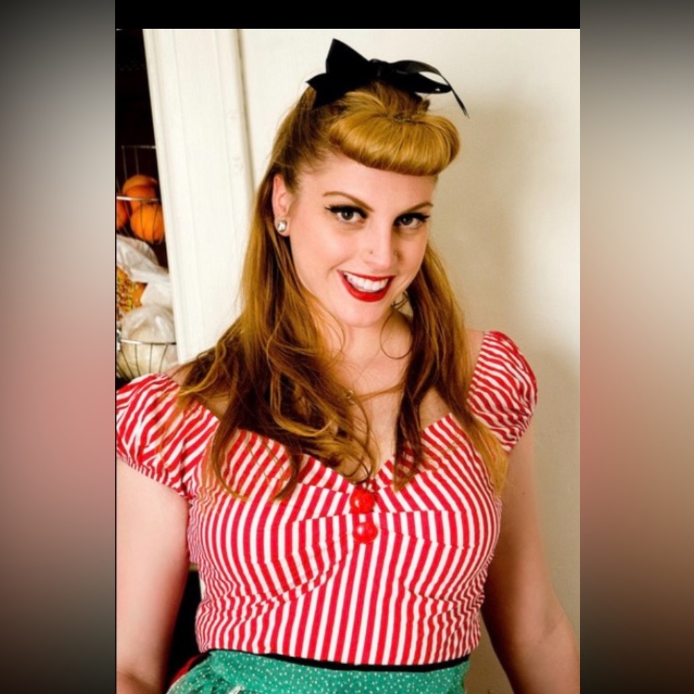Collectif Red and White Striped Blouse UK 14